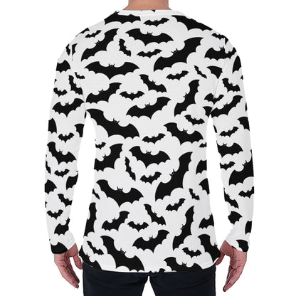 White And Black Halloween Bat Print Men's Long Sleeve T-Shirt