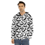 White And Black Halloween Bat Print Men's Velvet Pullover Hoodie