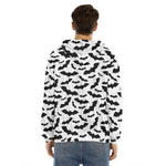 White And Black Halloween Bat Print Men's Velvet Pullover Hoodie