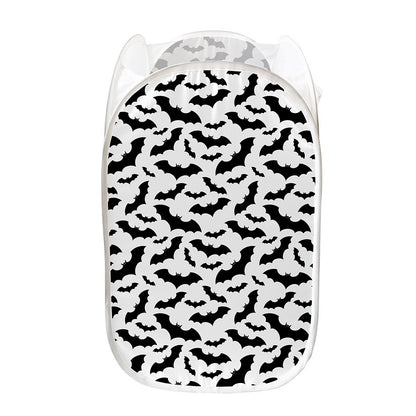White And Black Halloween Bat Print Mesh Laundry Hamper