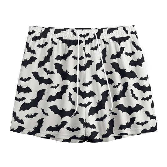 White And Black Halloween Bat Print Mesh Shorts