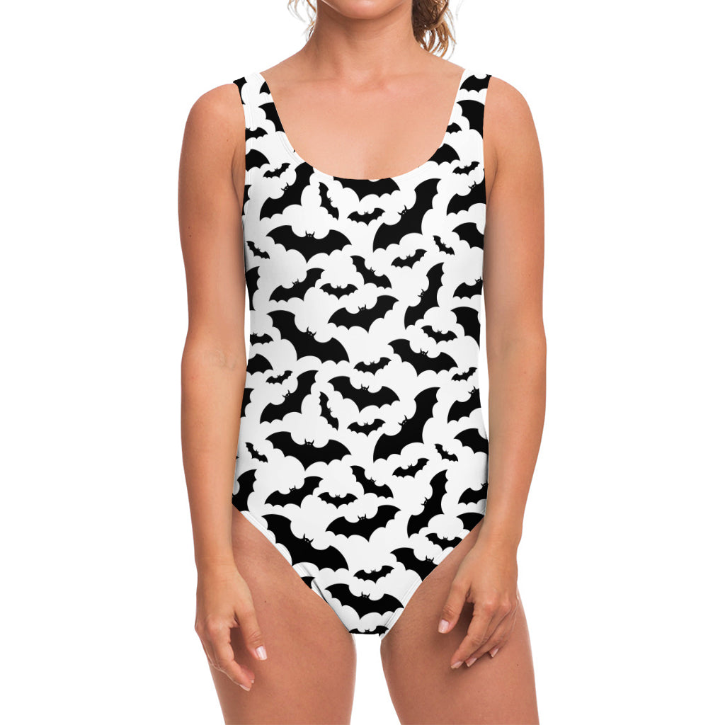 White And Black Halloween Bat Print One Piece Swimsuit