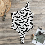 White And Black Halloween Bat Print One Shoulder Bodysuit