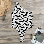 White And Black Halloween Bat Print One Shoulder Bodysuit