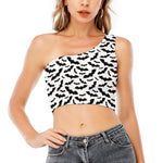White And Black Halloween Bat Print One Shoulder Crop Top