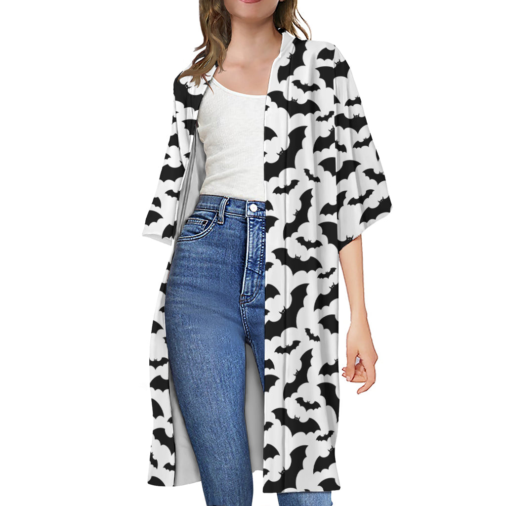 White And Black Halloween Bat Print Open Front Beach Cover Up