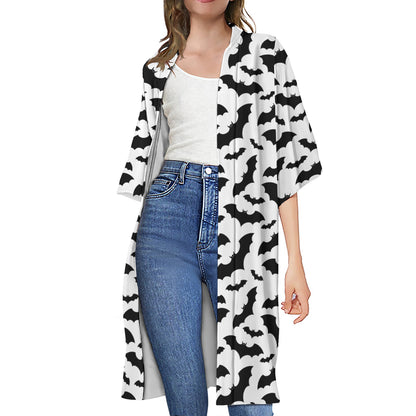 White And Black Halloween Bat Print Open Front Beach Cover Up