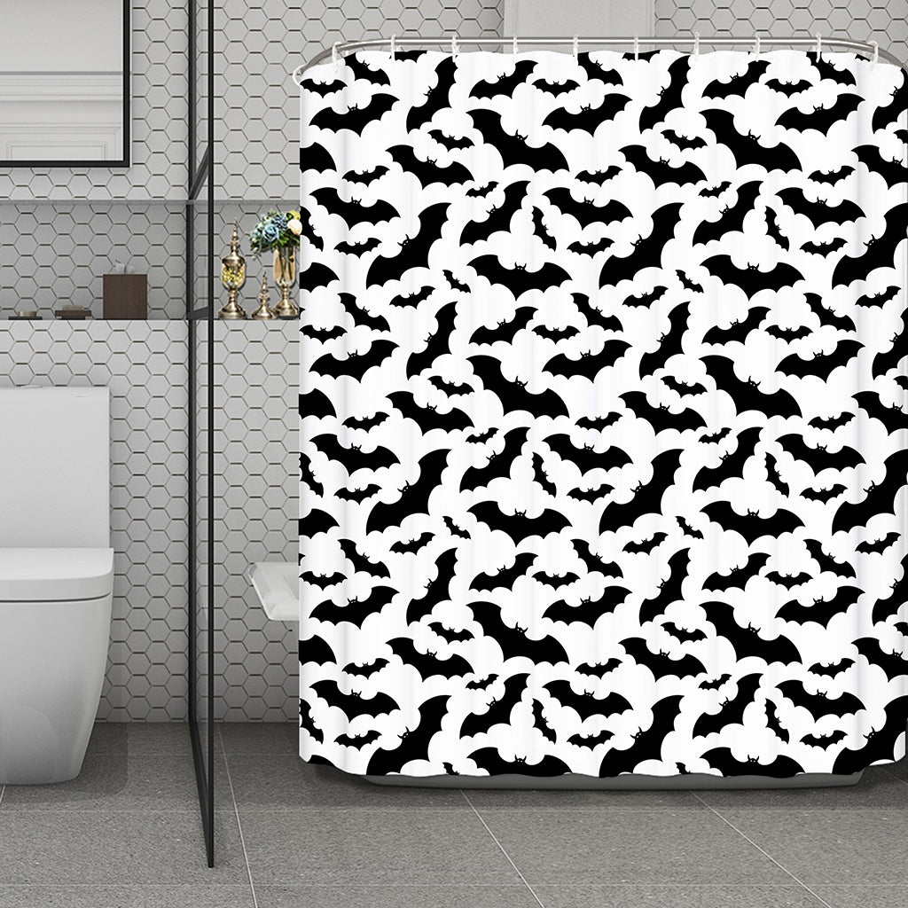 White And Black Halloween Bat Print Polyester Shower Curtain