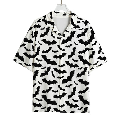White And Black Halloween Bat Print Rayon Hawaiian Shirt