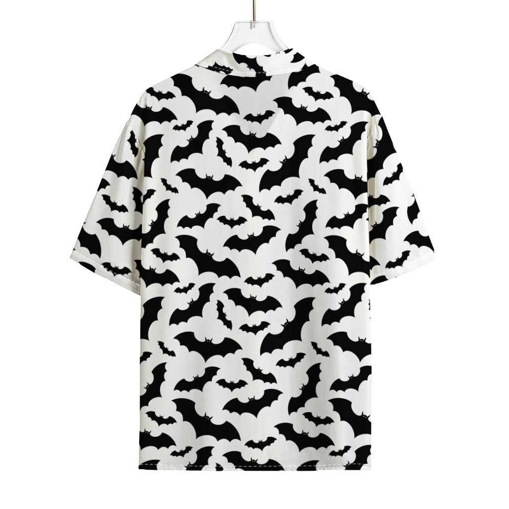 White And Black Halloween Bat Print Rayon Hawaiian Shirt