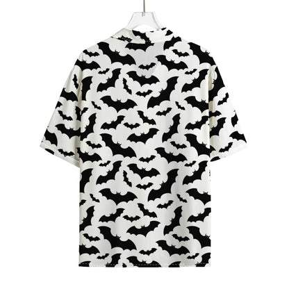 White And Black Halloween Bat Print Rayon Hawaiian Shirt