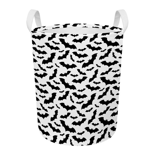 White And Black Halloween Bat Print Round Laundry Basket