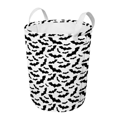 White And Black Halloween Bat Print Round Laundry Basket
