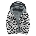 White And Black Halloween Bat Print Sherpa Lined Zip Up Hoodie