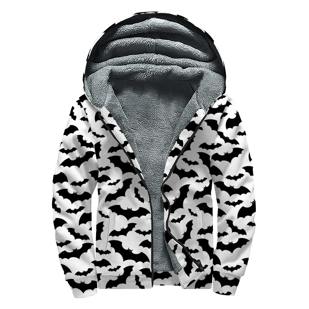 White And Black Halloween Bat Print Sherpa Lined Zip Up Hoodie