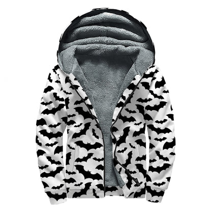 White And Black Halloween Bat Print Sherpa Lined Zip Up Hoodie