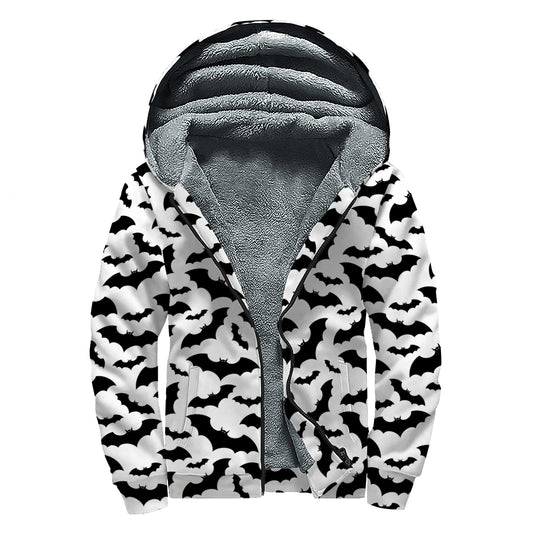 White And Black Halloween Bat Print Sherpa Lined Zip Up Hoodie