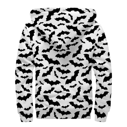 White And Black Halloween Bat Print Sherpa Lined Zip Up Hoodie