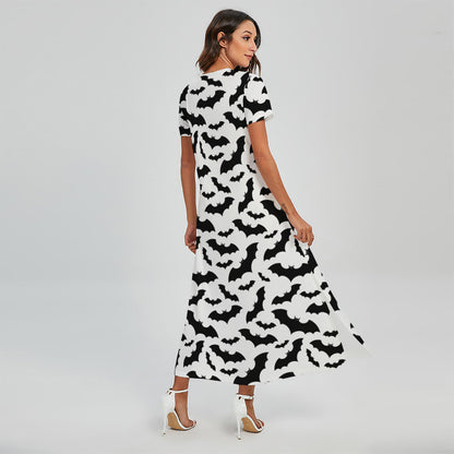 White And Black Halloween Bat Print Short Sleeve Maxi Dress