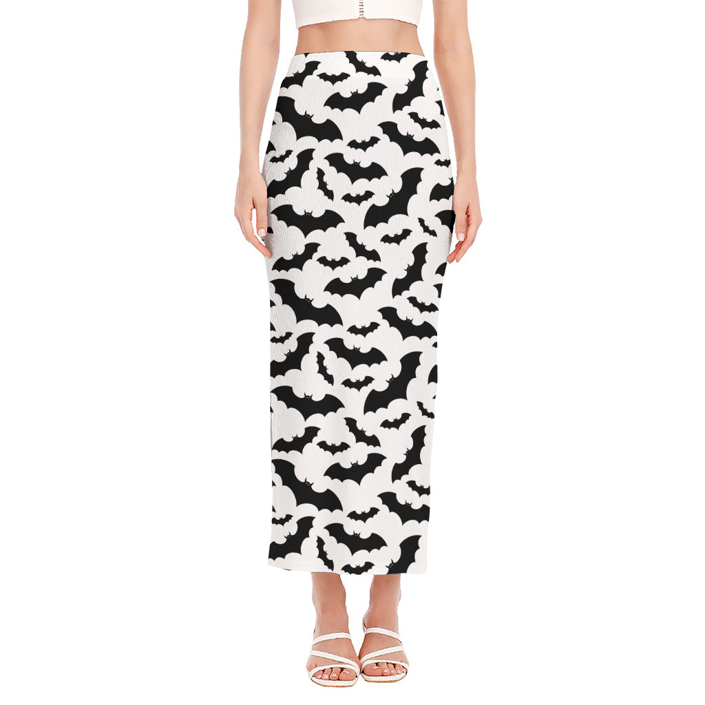 White And Black Halloween Bat Print Side Slit Maxi Skirt