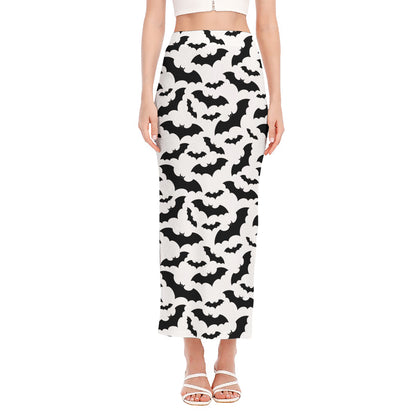 White And Black Halloween Bat Print Side Slit Maxi Skirt