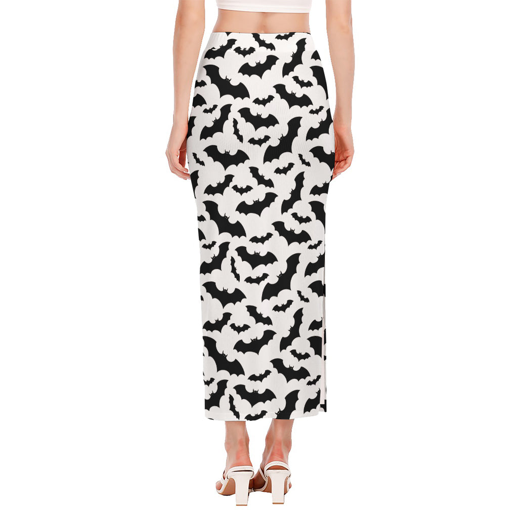 White And Black Halloween Bat Print Side Slit Maxi Skirt