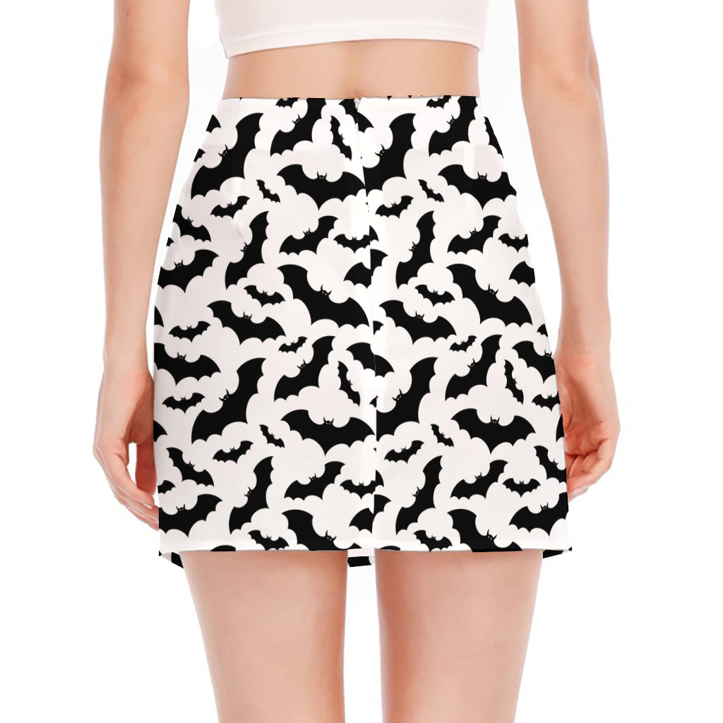 White And Black Halloween Bat Print Side Slit Mini Skirt
