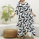 White And Black Halloween Bat Print Silk V-Neck Kaftan Dress