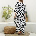White And Black Halloween Bat Print Silk V-Neck Kaftan Dress