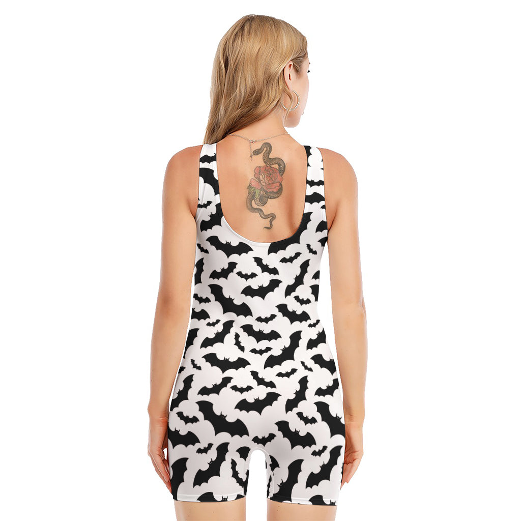 White And Black Halloween Bat Print Sleeveless One Piece Swimsuit