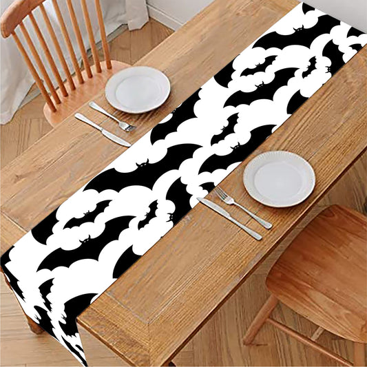 White And Black Halloween Bat Print Table Runner