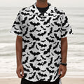 White And Black Halloween Bat Print Textured Short Sleeve Shirt