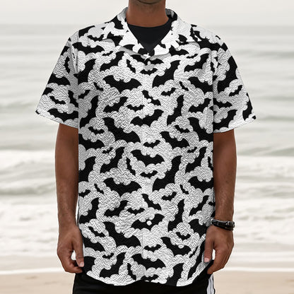 White And Black Halloween Bat Print Textured Short Sleeve Shirt