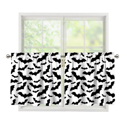 White And Black Halloween Bat Print Tier Curtains