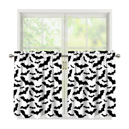 White And Black Halloween Bat Print Tier Curtains
