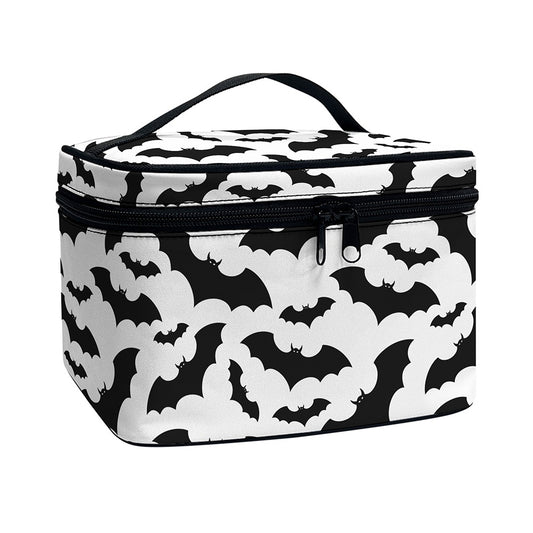 White And Black Halloween Bat Print Travel Makeup Bag