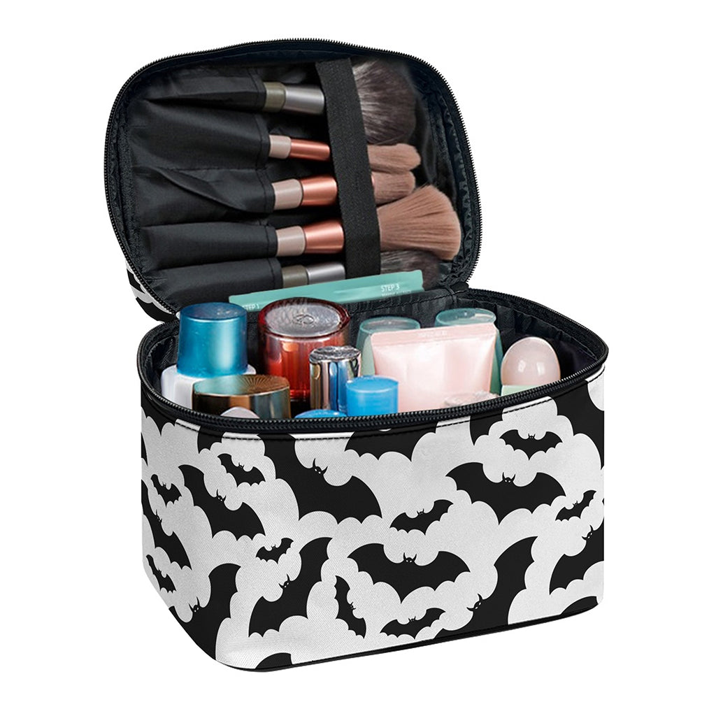 White And Black Halloween Bat Print Travel Makeup Bag
