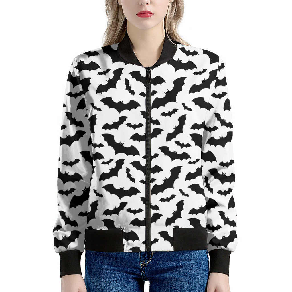 White And Black Halloween Bat Print Women's Bomber Jacket
