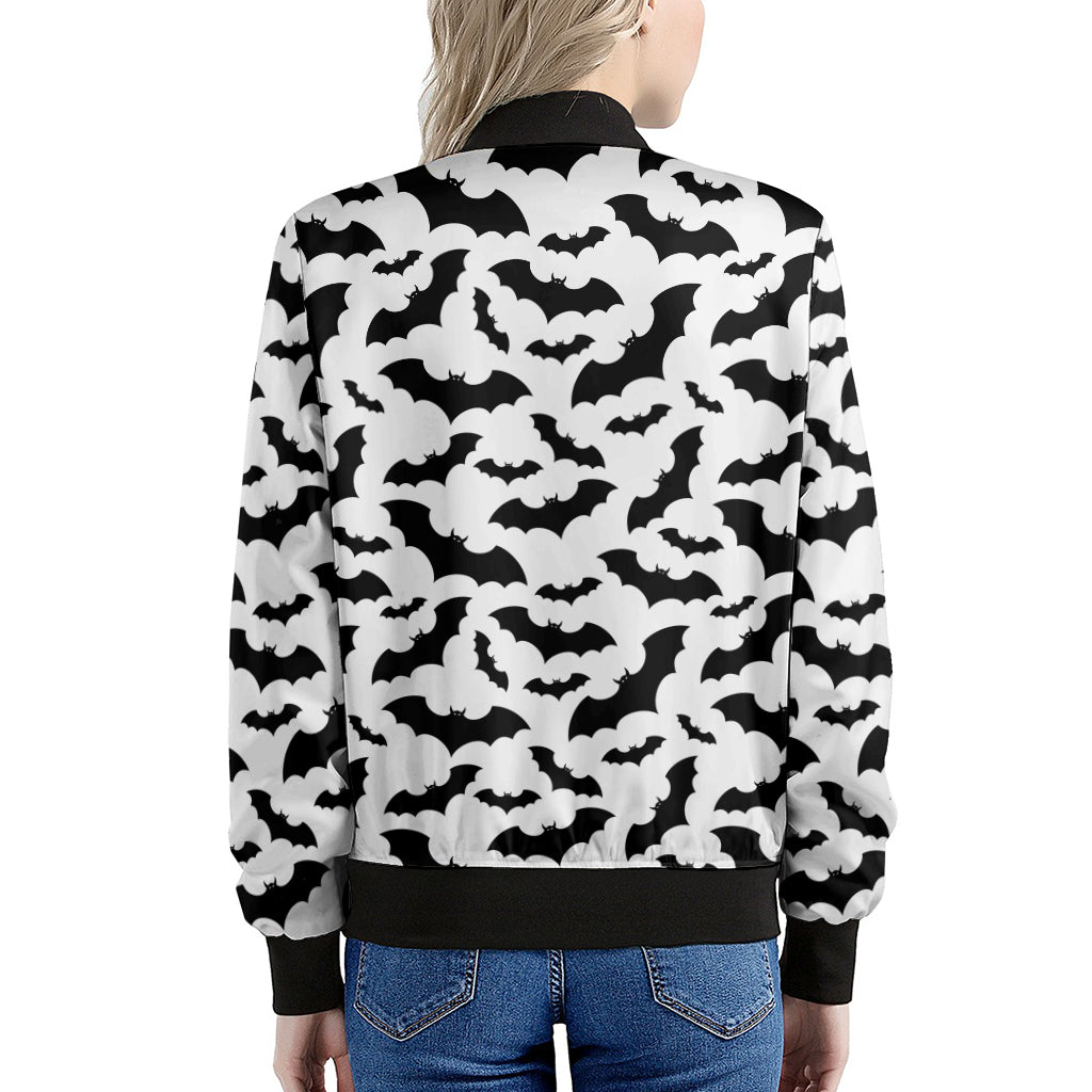White And Black Halloween Bat Print Women's Bomber Jacket