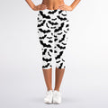White And Black Halloween Bat Print Women's Capri Leggings