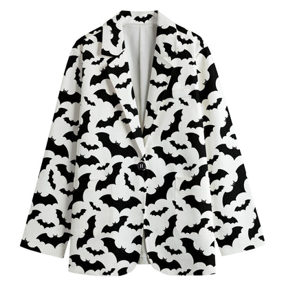White And Black Halloween Bat Print Women's Cotton Blazer