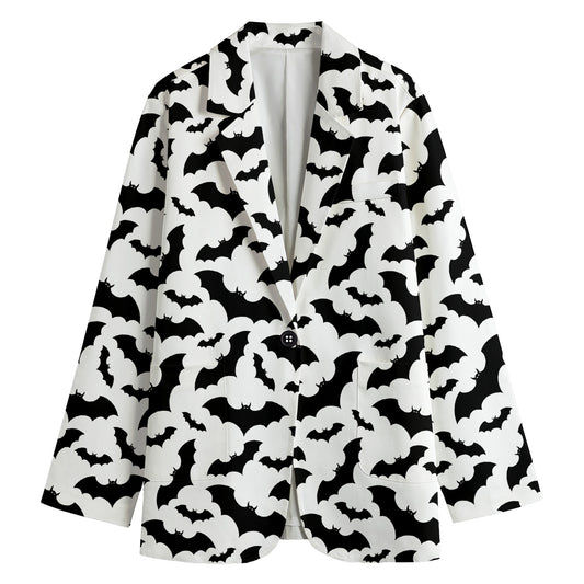 White And Black Halloween Bat Print Women's Cotton Blazer