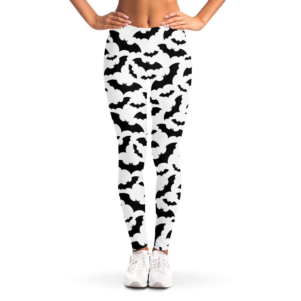 White And Black Halloween Bat Print Women's Leggings