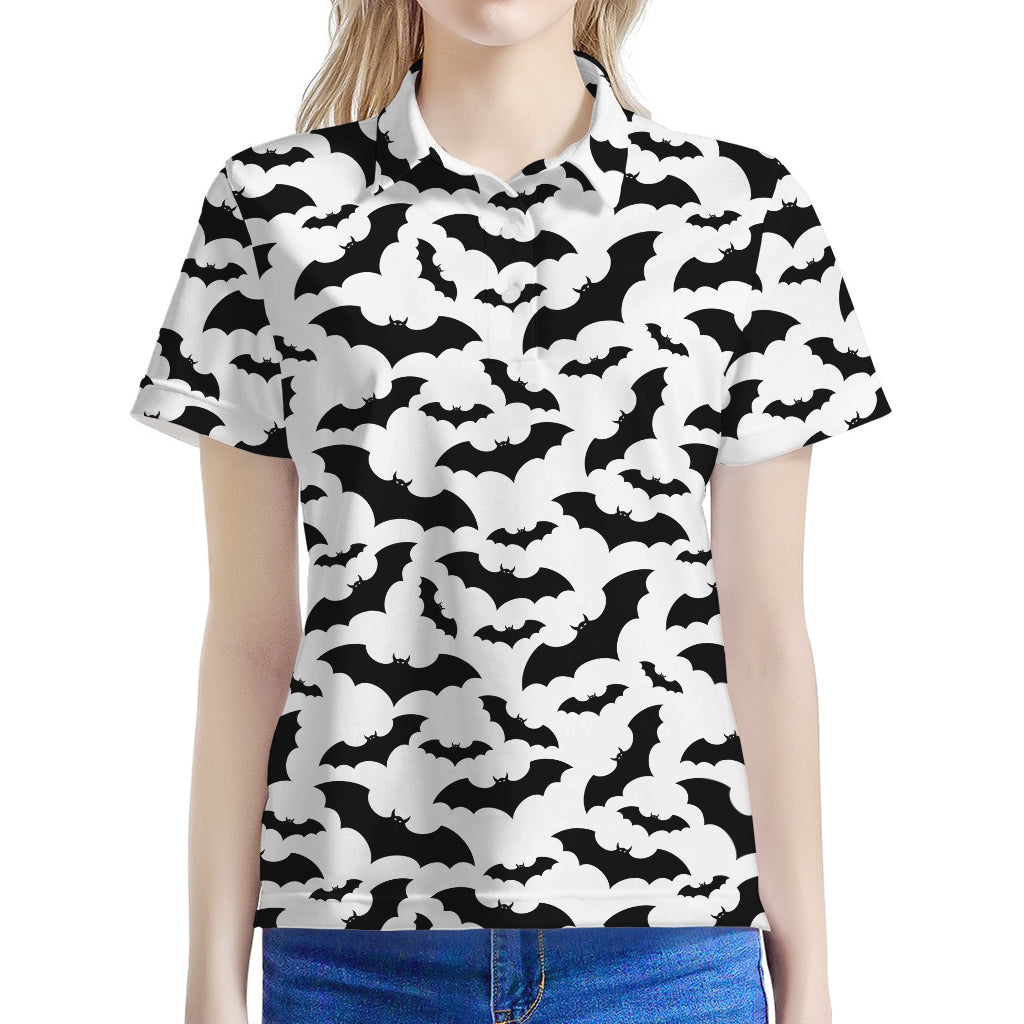 White And Black Halloween Bat Print Women's Polo Shirt