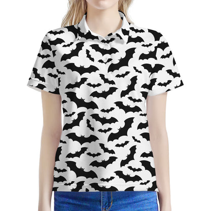 White And Black Halloween Bat Print Women's Polo Shirt