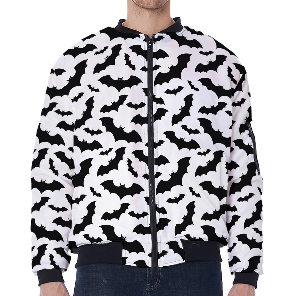 White And Black Halloween Bat Print Zip Sleeve Bomber Jacket