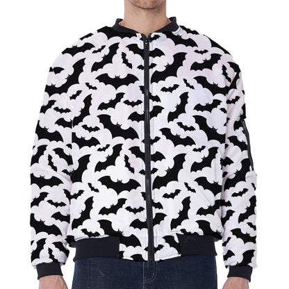 White And Black Halloween Bat Print Zip Sleeve Bomber Jacket