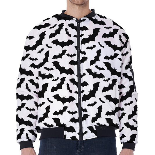 White And Black Halloween Bat Print Zip Sleeve Bomber Jacket