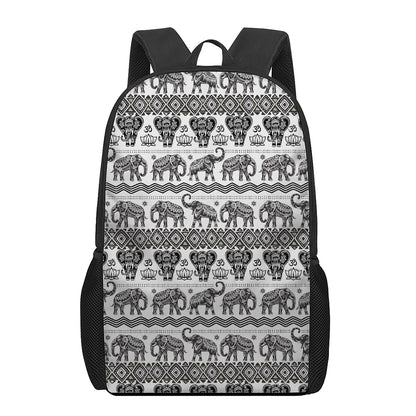White And Black Indian Elephant Print 17 Inch Backpack