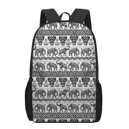 White And Black Indian Elephant Print 17 Inch Backpack